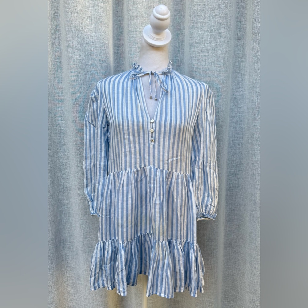 Veronica Beard white and blue striped mini tiered dress